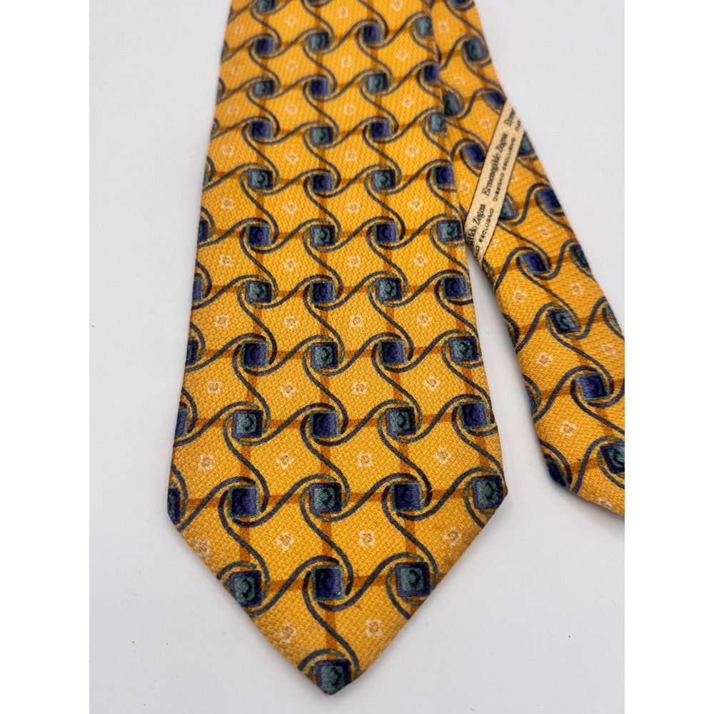 Ermenegildo Zegna Silk Tie Yellow Geometric Swirl Disegno Esclusivo Italy